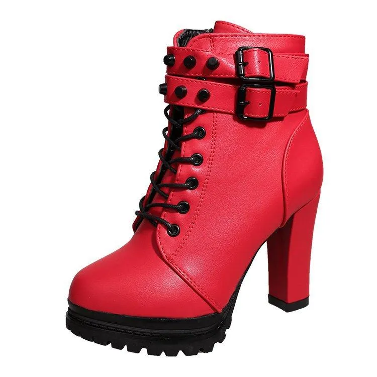 Women platform lace up buckle strap chunky heeled booties