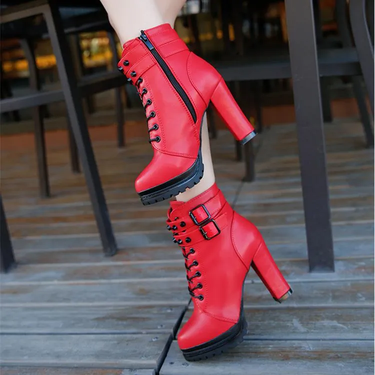 Women platform lace up buckle strap chunky heeled booties