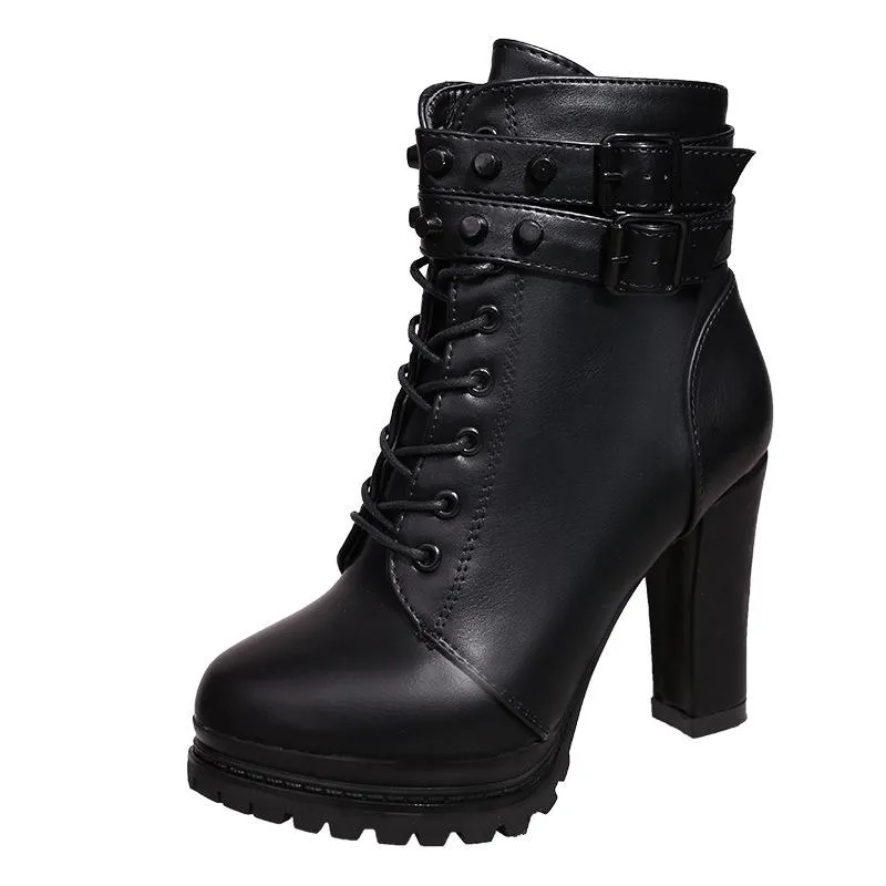 Women platform lace up buckle strap chunky heeled booties