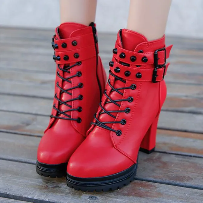 Women platform lace up buckle strap chunky heeled booties