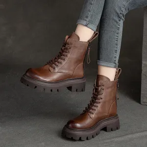 Women Retro Soft Leather Lug Sole Combat Boots