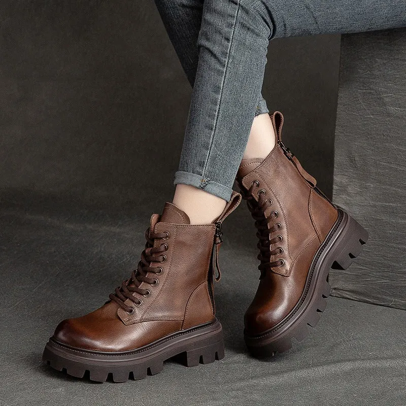 Women Retro Soft Leather Lug Sole Combat Boots