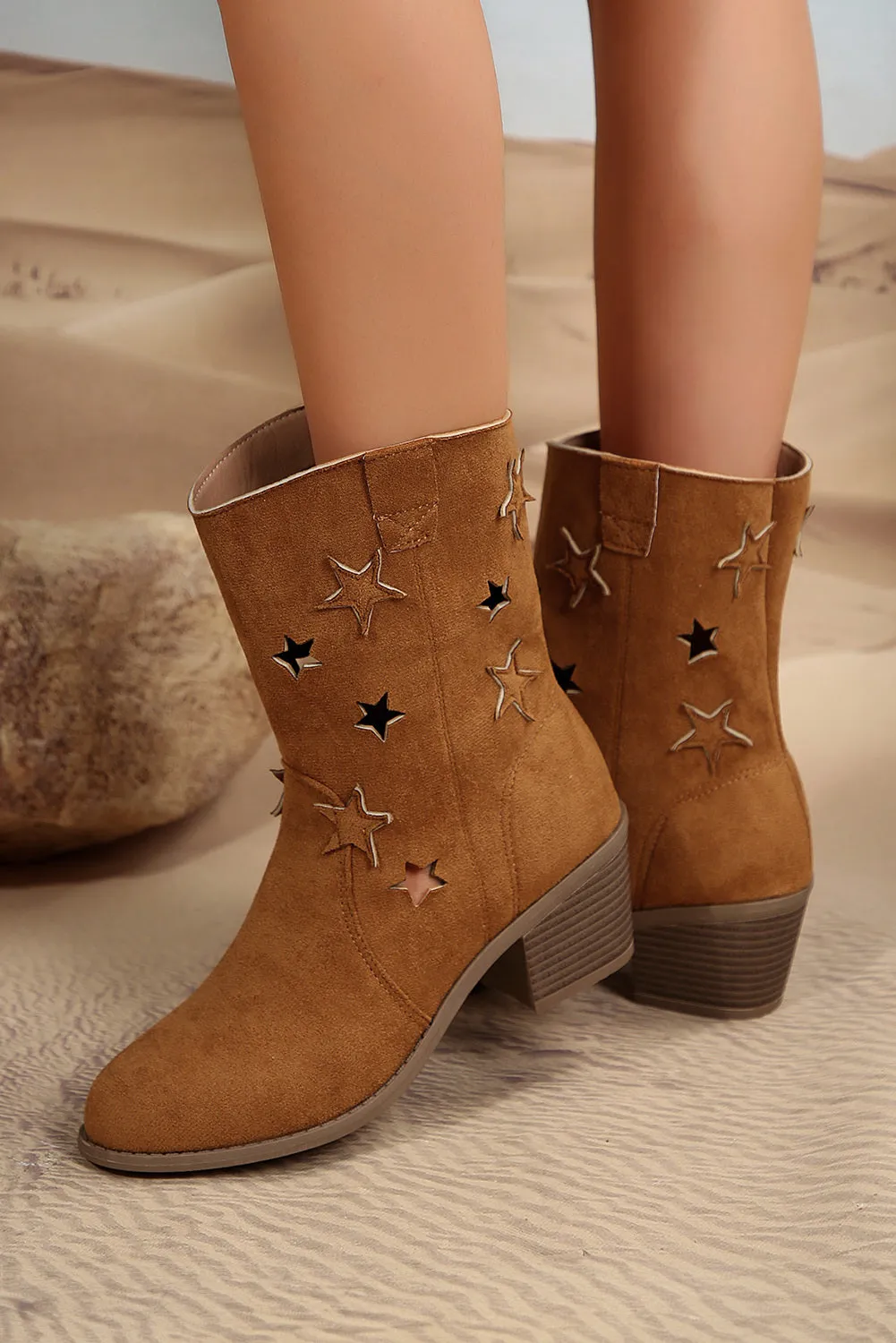 Women Western Star Decor Suede Chunky Heel Boots