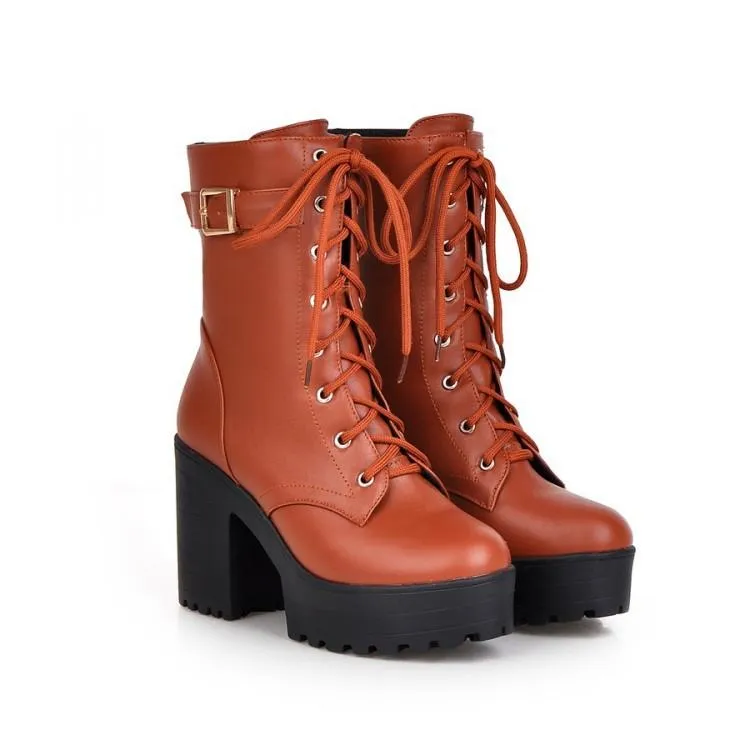 Women's chunky platform combat boots lace up ankle boots