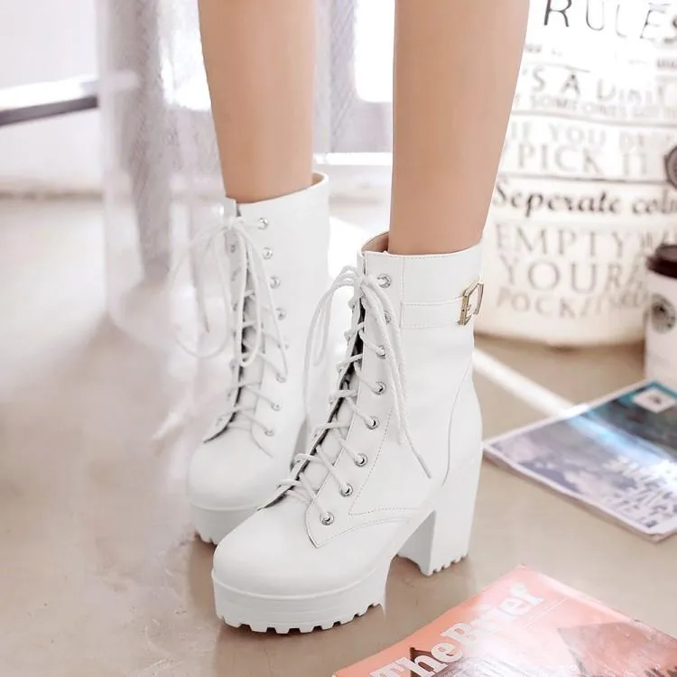 Women's chunky platform combat boots lace up ankle boots