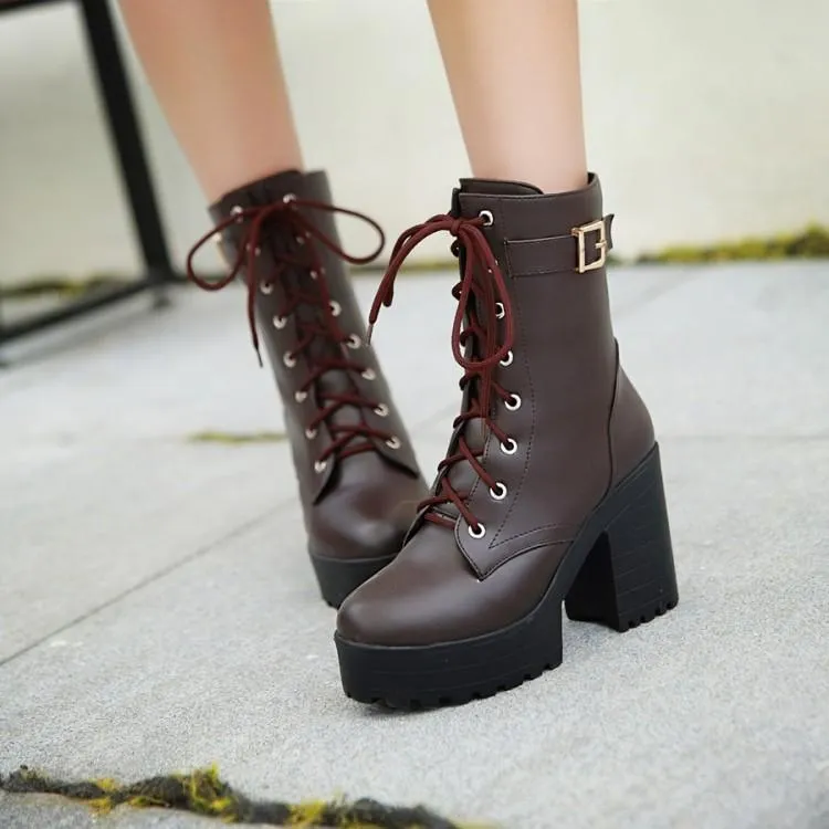 Women's chunky platform combat boots lace up ankle boots