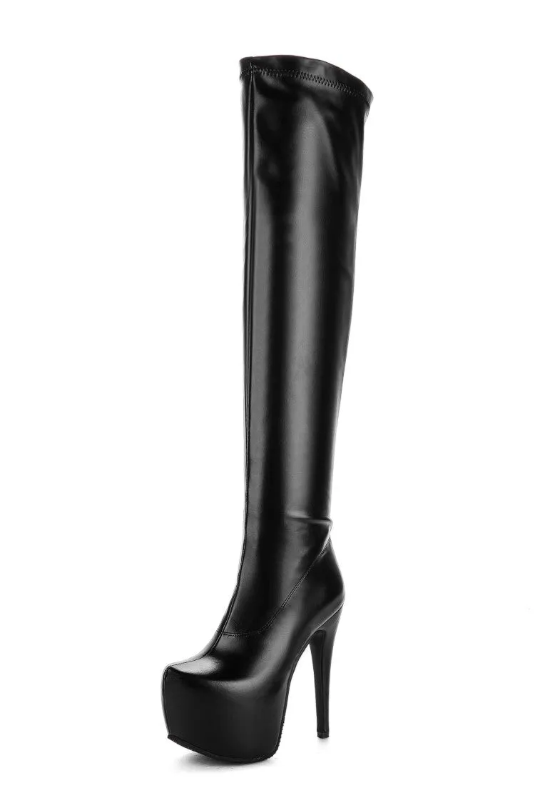 Women's Pu Leather Round Toe Over the Knee Stiletto Heel Platform Tall Boots