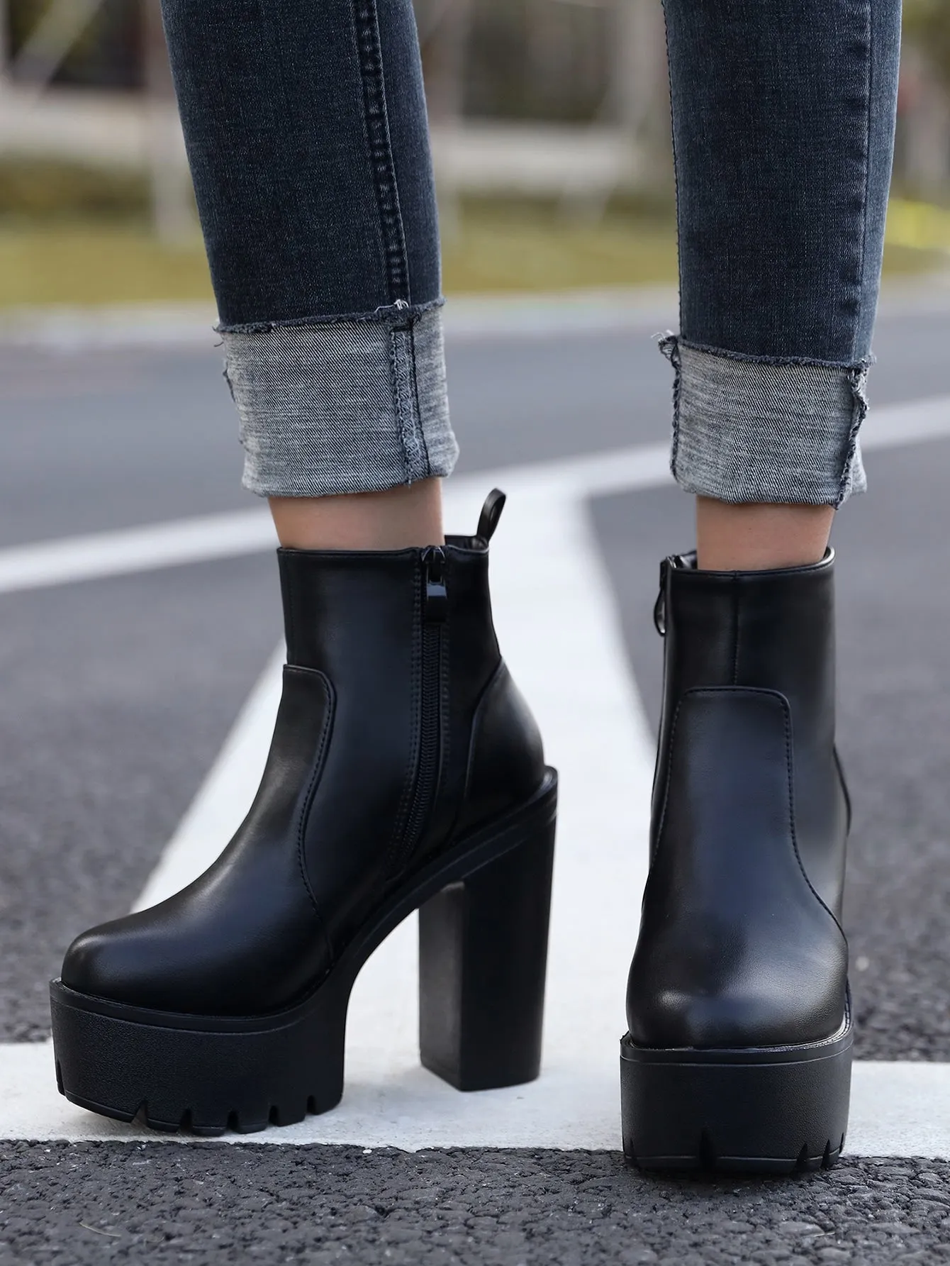 Zipper Side Platform Chunky Heeled Combat Boots