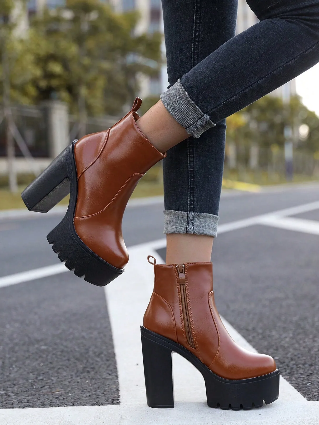 Zipper Side Platform Chunky Heeled Combat Boots