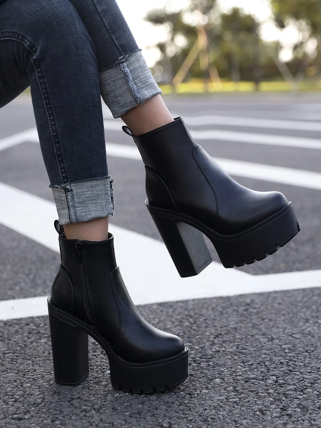 Zipper Side Platform Chunky Heeled Combat Boots